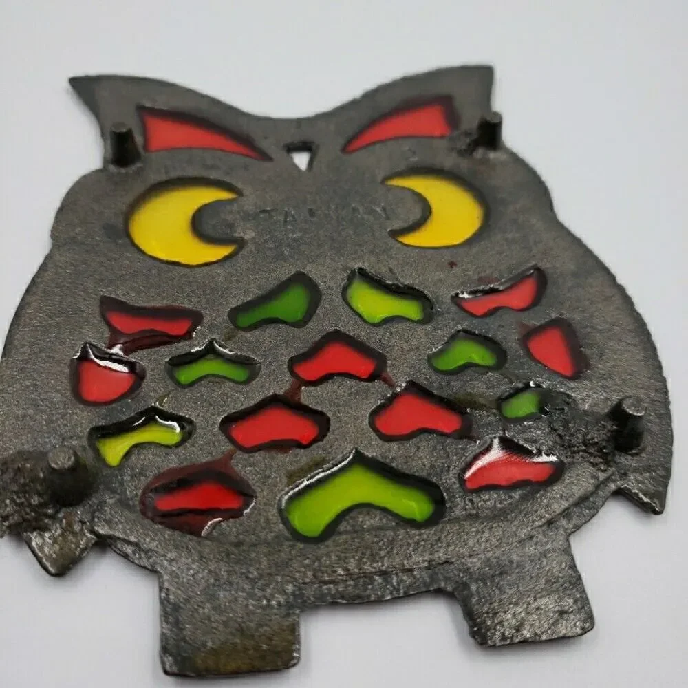 Vtg OWL Trivet Cast Metal Stained Glass Hot Plate Kitchen Kitsch Pot Rest Taiwan
